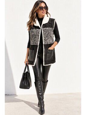 Sharon Young Women M Soft Sherpa Lined Statement Vest Patchwork Boho Glam City
